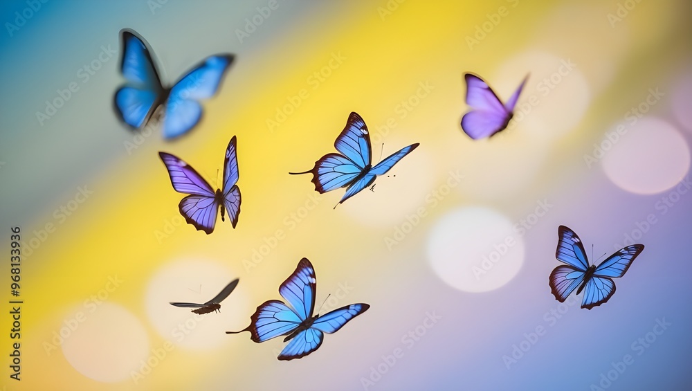 Fototapeta premium Close-Up of Flying Butterflies Against a Blue and Yellow Background: A Beautiful and Vibrant Display of Nature in Motion