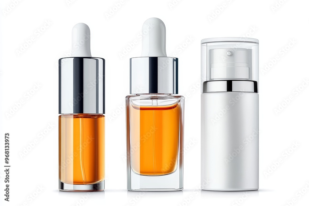 A set of three skincare products, including two dropper bottles filled with golden serum and one white pump bottle, isolated on a white background. These bottles are perfect for showcasing beauty prod A set of three skincare products, including two dropper bottles filled with golden serum and one white pump bottle, isolated on a white background. These bottles are perfect for showcasing beauty prod
