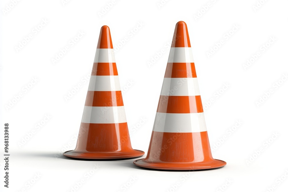 A set of two traffic cones, isolated on a white background. These cones are a common sight at construction sites, roadworks, and other areas where caution is needed. They symbolize safety, warning, an A set of two traffic cones, isolated on a white background. These cones are a common sight at construction sites, roadworks, and other areas where caution is needed. They symbolize safety, warning, an