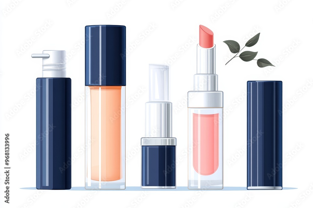 A set of various cosmetics, including a bottle of lotion, a foundation bottle, a lipstick, and a lip gloss, all isolated on a white background. This image represents beauty, glamour, and self-care. A set of various cosmetics, including a bottle of lotion, a foundation bottle, a lipstick, and a lip gloss, all isolated on a white background. This image represents beauty, glamour, and self-care.