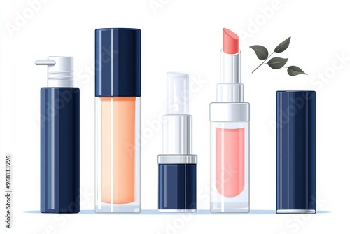 A set of various cosmetics, including a bottle of lotion, a foundation bottle, a lipstick, and a lip gloss, all isolated on a white background. This image represents beauty, glamour, and self-care.