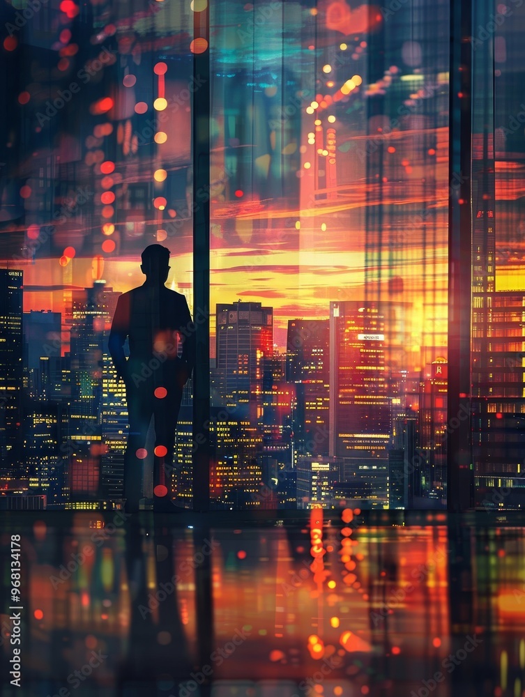 A silhouette of a businessman stands looking out of a window at a vibrant city skyline at sunset. The scene symbolizes ambition, success, opportunity, and the pursuit of dreams.