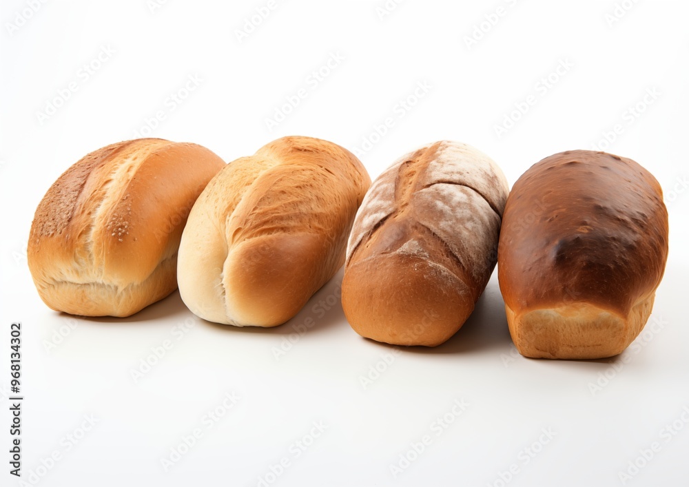 Four freshly baked loaves of bread in varying shades of brown on a white background Four freshly baked loaves of bread in varying shades of brown on a white background