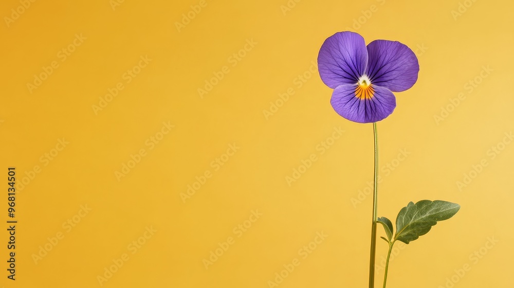 Obraz premium A single purple pansy flower with a yellow center blooms against a vibrant yellow background. The flower's delicate petals and the bright yellow backdrop create a stunning contrast, symbolizing beaut