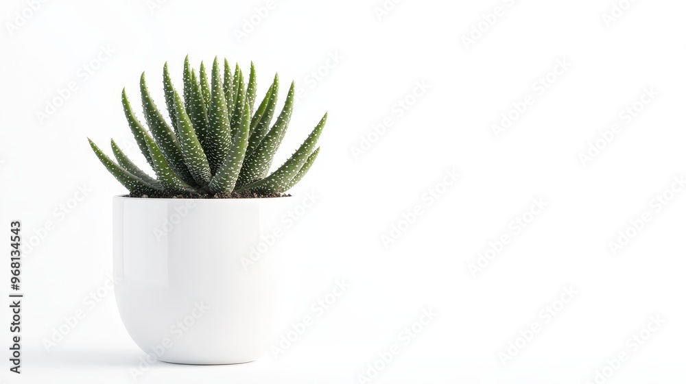 A single small succulent plant grows in a white pot, isolated on a white background. The succulent has green leaves with a distinct texture. It symbolizes life, growth, resilience, simplicity, and min