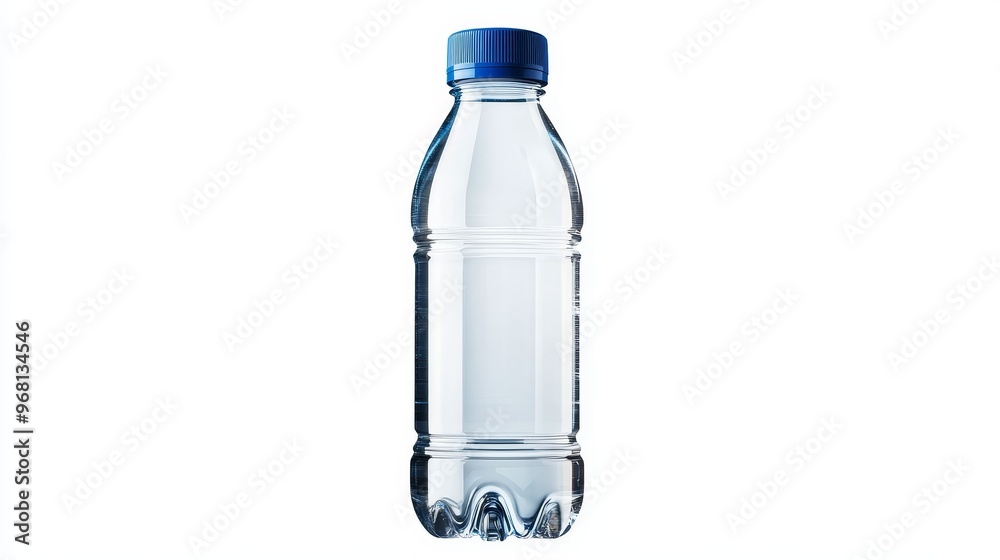 A single, transparent plastic bottle of water with a blue cap, isolated on a white background. It represents hydration, refreshment, and the purity of water. It symbolizes the convenience of bottled w