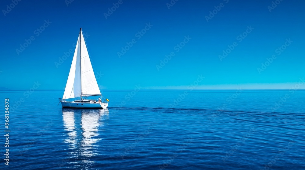 Obraz premium A single sailboat glides effortlessly across a vast, calm blue ocean under a clear sky. The scene symbolizes peace, freedom, exploration, and the beauty of nature.