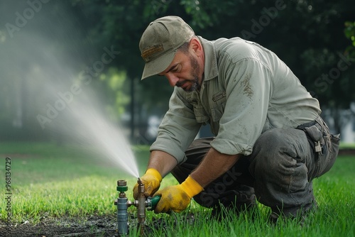 Wallpaper Mural A skilled plumber is working on an outdoor sprinkler system, ensuring efficient and reliable irrigation for a lush green lawn. The plumber is focused on the task, demonstrating expertise and dedicatio Torontodigital.ca