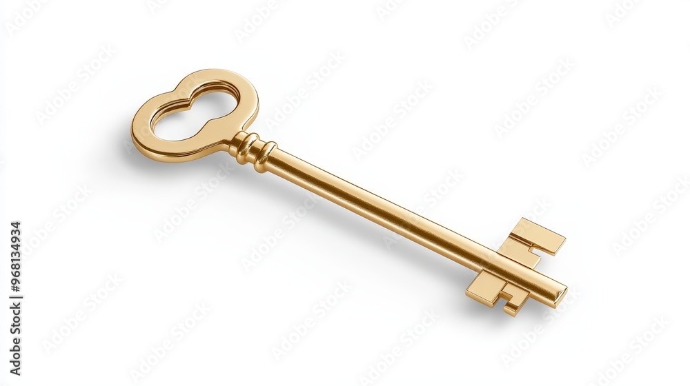 A solitary golden master key, isolated on a pristine white background, embodies concepts of opportunity, success, unlocking potential, and access to new possibilities. Its elegant design and polished A solitary golden master key, isolated on a pristine white background, embodies concepts of opportunity, success, unlocking potential, and access to new possibilities. Its elegant design and polished