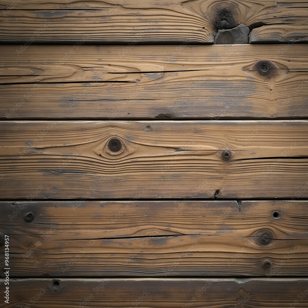 Naklejka premium a wooden surface. The wood appears to be weathered and aged, with visible cracks and knots. The planks are arranged in a horizontal pattern, creating a textured appearance. The color of the wood is a 