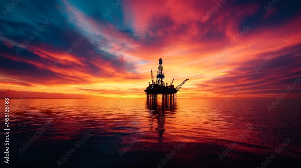 Fototapeta premium A solitary oil rig stands tall against a breathtaking sunset, its silhouette stark against the vibrant sky. The reflection of the rig in the calm water creates a sense of duality and balance, symboliz