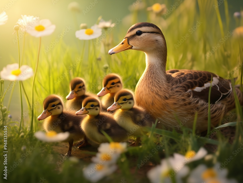 Picturesque scene of a mother duck with five ducklings in warm light on a flower meadow – idyllic depiction of nature and family bonds Picturesque scene of a mother duck with five ducklings in warm light on a flower meadow – idyllic depiction of nature and family bonds