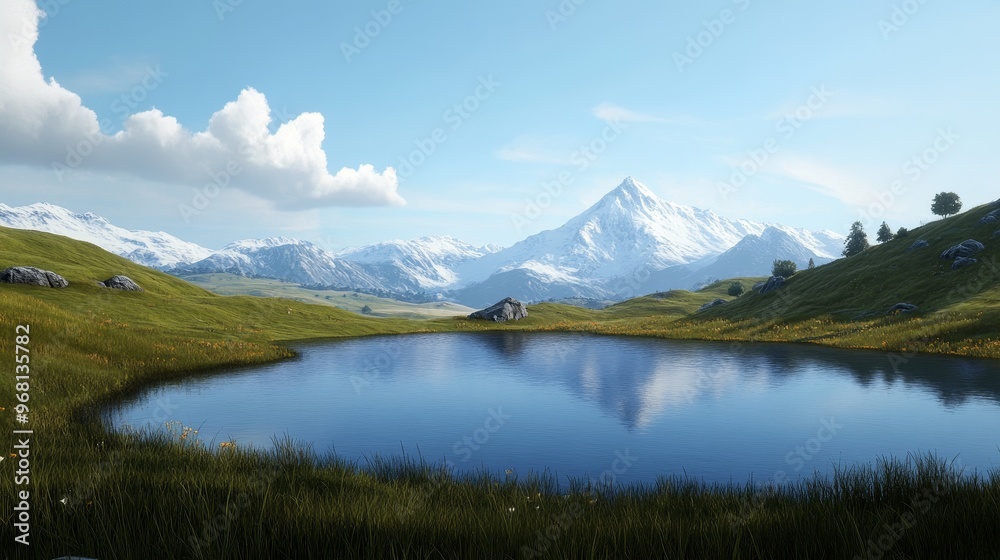 A tranquil scene showcasing a pristine lake nestled amidst a lush green valley, with snow-capped mountains rising in the distance under a clear blue sky. The image evokes a sense of peace, tranquility A tranquil scene showcasing a pristine lake nestled amidst a lush green valley, with snow-capped mountains rising in the distance under a clear blue sky. The image evokes a sense of peace, tranquility