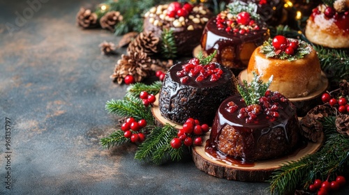 traditional christmas puddings with brandy sauce displayed on a festive table, a holiday dessert concept with space for text