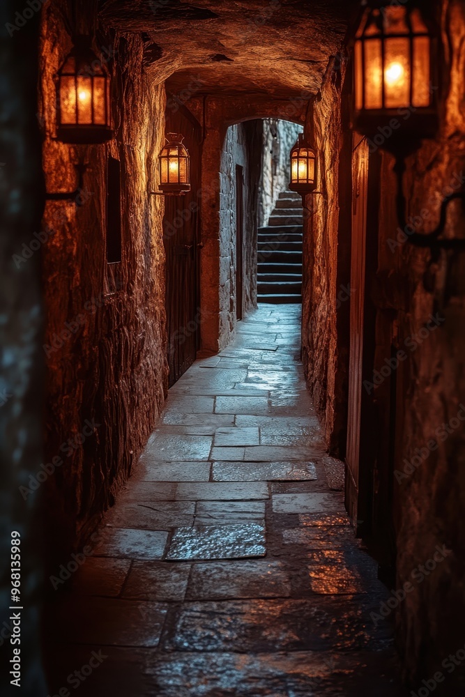 A narrow, dimly-lit medieval passageway with lanterns casting a warm glow along stone walls and steps leading into darkness suitable for themes like history, mystery, fantasy, or architecture, A narrow, dimly-lit medieval passageway with lanterns casting a warm glow along stone walls and steps leading into darkness suitable for themes like history, mystery, fantasy, or architecture,