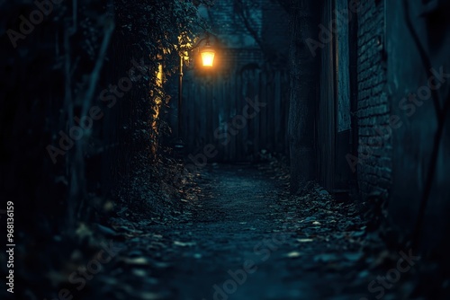 A dimly lit pathway at night, surrounded by brick walls and overgrown vegetation