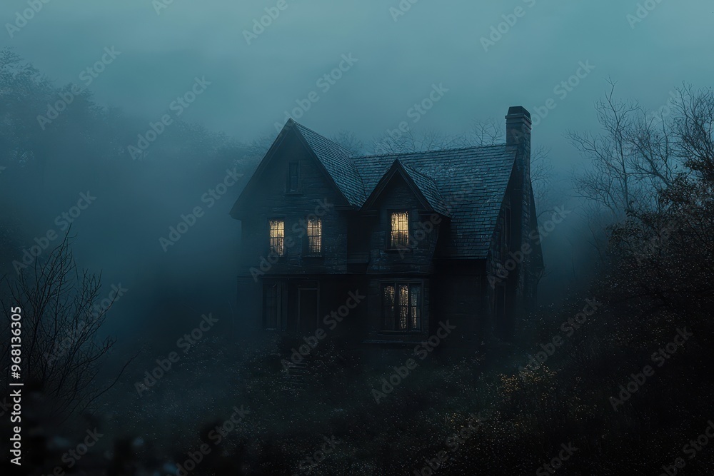 A spooky, old house with glowing windows sits eerily in a foggy, dark forest, creating a chilling vibe ideal for Halloween themes, horror stories, and haunted house promotions, A spooky, old house with glowing windows sits eerily in a foggy, dark forest, creating a chilling vibe ideal for Halloween themes, horror stories, and haunted house promotions,