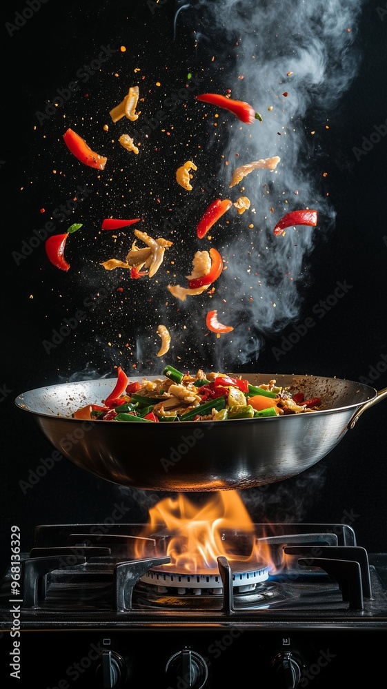 Flying wok with Asian food soaring out of it, above a gas stove with flames, all set against a black background. The scene captures the dynamic action of stir-frying. Flying wok with Asian food soaring out of it, above a gas stove with flames, all set against a black background. The scene captures the dynamic action of stir-frying.