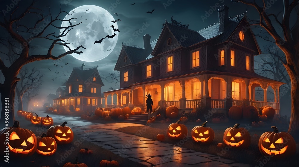 Halloween night, featuring a spooky suburban neighborhood, carved pumpkins with glowing faces on the porch, eerie fog drifting across the street, shadows cast by the full moon perfect for Halloween Halloween night, featuring a spooky suburban neighborhood, carved pumpkins with glowing faces on the porch, eerie fog drifting across the street, shadows cast by the full moon perfect for Halloween