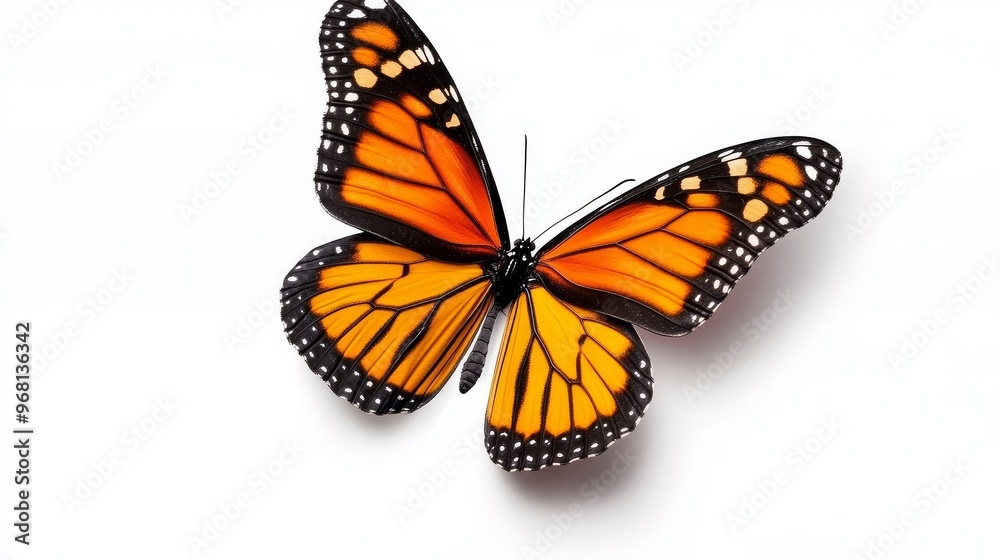 Obraz premium A vibrant Monarch butterfly with orange and black wings, isolated on a pure white background. It symbolizes transformation, beauty, resilience, hope, and freedom.