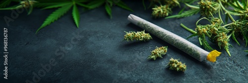 A visually appealing arrangement of a rolled marijuana joint alongside fresh cannabis buds and leaves symbolizing relaxation, wellness, nature, enjoyment, and artistry.