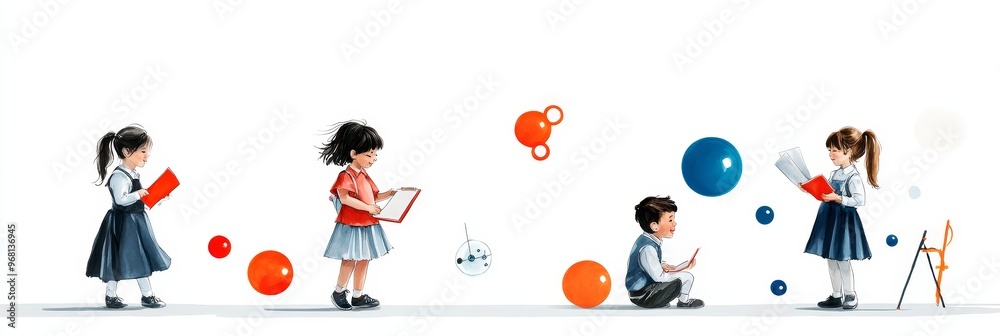 A watercolor illustration depicting four children engaged in various learning activities, symbolizing reading, writing, scientific exploration, and artistic expression. A watercolor illustration depicting four children engaged in various learning activities, symbolizing reading, writing, scientific exploration, and artistic expression.
