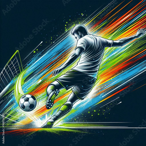 Female soccer player striking the ball with dynamic colorful energy

