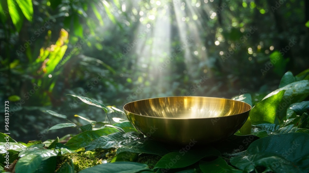 Golden bowl in lush green forest with sunlight rays, nature and tranquility concept Golden bowl in lush green forest with sunlight rays, nature and tranquility concept