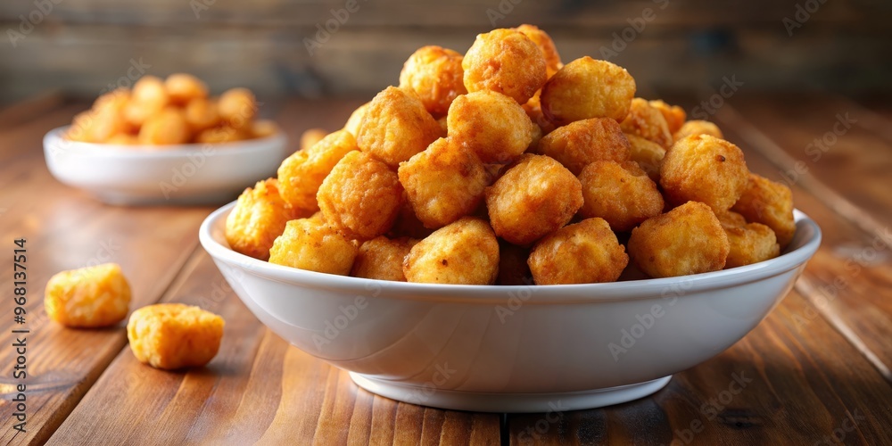 Crispy Fried Potato Balls in a White Bowl on Wooden Table, potato bites, snack, fried food Crispy Fried Potato Balls in a White Bowl on Wooden Table, potato bites, snack, fried food