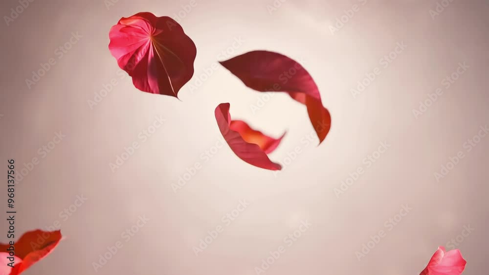 Falling red petals floating gracefully against soft glowing background. Concept of romance, nature, tenderness, spring mood. Ideal themes of beauty, love, peaceful moments. Romantic background