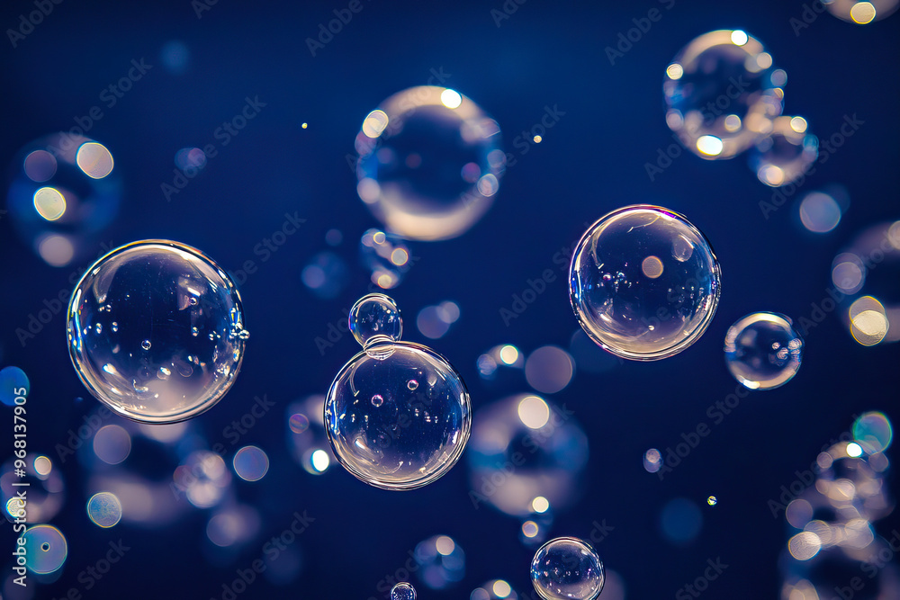 Large, round air bubbles on a dark blue background with bokeh