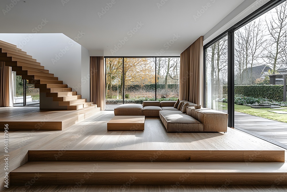 Modern minimalist living room with wooden stairs and large glass windows overlooking a garden Modern minimalist living room with wooden stairs and large glass windows overlooking a garden