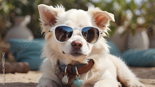 charming white cat,monkey,puppy,goat and rabit with sunglasses
 photo