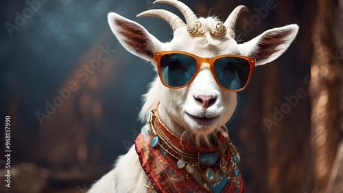 charming white cat,monkey,puppy,goat and rabit with sunglasses
 photo