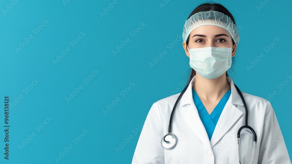 A young female doctor, wearing a white coat, stethoscope, surgical cap, and protective face mask, stands against a blue background. The image symbolizes healthcare, medical professionals, safety, prot A young female doctor, wearing a white coat, stethoscope, surgical cap, and protective face mask, stands against a blue background. The image symbolizes healthcare, medical professionals, safety, prot