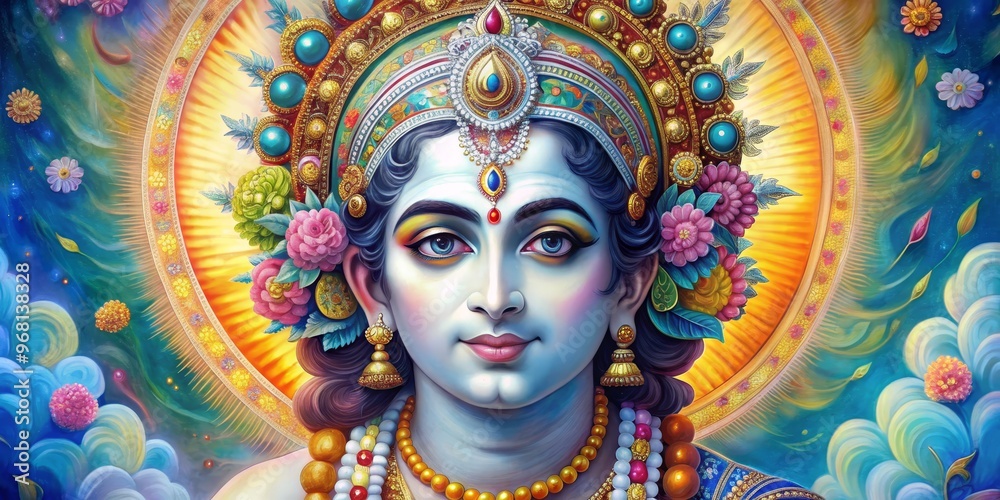 Divine Radiance Close-up Portrait of Vishnu in an Ornate Crown, Digital Painting, Hindu Deity, India, Mythology, Art ,vishnu Divine Radiance Close-up Portrait of Vishnu in an Ornate Crown, Digital Painting, Hindu Deity, India, Mythology, Art ,vishnu