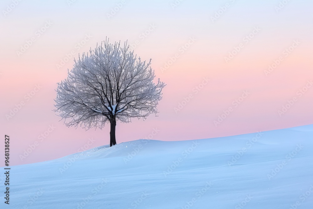 A tree stands alone in a snow-covered field, generative ai image A tree stands alone in a snow-covered field, generative ai image