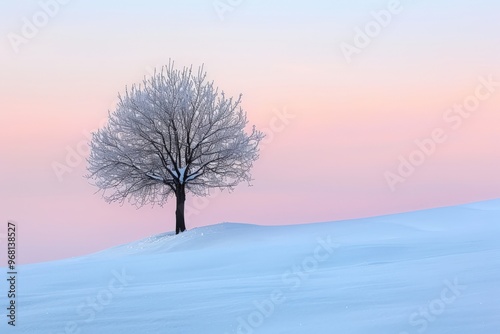 A tree stands alone in a snow-covered field, generative ai image