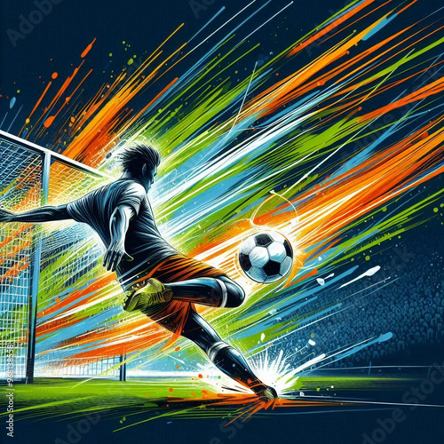 Female soccer player striking the ball with dynamic colorful energy

