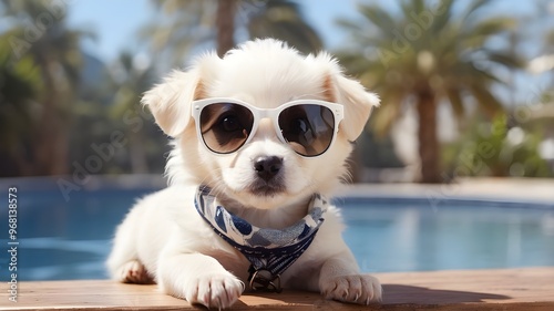 charming white cat,monkey,puppy,goat and rabit with sunglasses
 photo