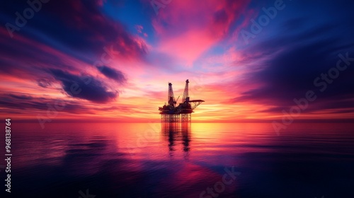 An oil rig stands tall against a vibrant sunset sky, its silhouette casting a reflection on the calm water. The image evokes themes of industry, nature, and the beauty found in unexpected places.