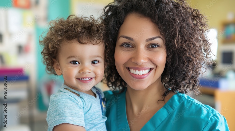Fototapeta premium Smiling Nurse Holding a Happy Child
