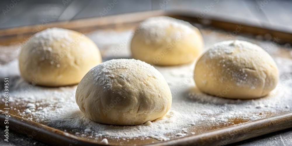 Flour-Dusted Dough Balls on Wooden Tray, Baking, Dough, Recipe Flour-Dusted Dough Balls on Wooden Tray, Baking, Dough, Recipe