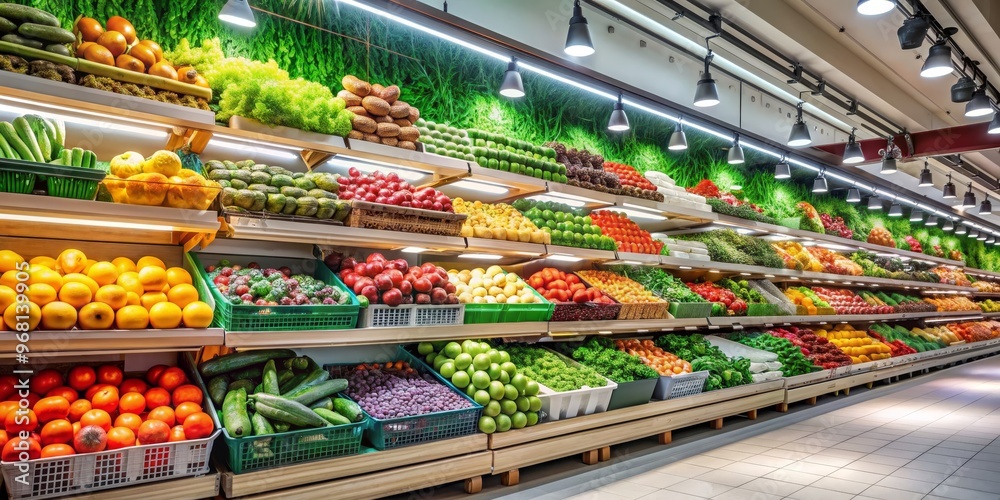 Fresh Produce Aisle with Bright Lighting, Grocery Store ,Produce ,Fruit Fresh Produce Aisle with Bright Lighting, Grocery Store ,Produce ,Fruit