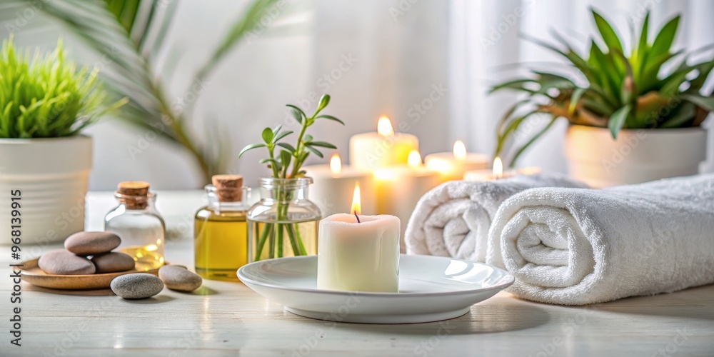 Aromatic Spa Retreat with a Single Lit Candle, Rolled Towels, Essential Oils, and Stone Accents, spa, wellness, relaxation Aromatic Spa Retreat with a Single Lit Candle, Rolled Towels, Essential Oils, and Stone Accents, spa, wellness, relaxation