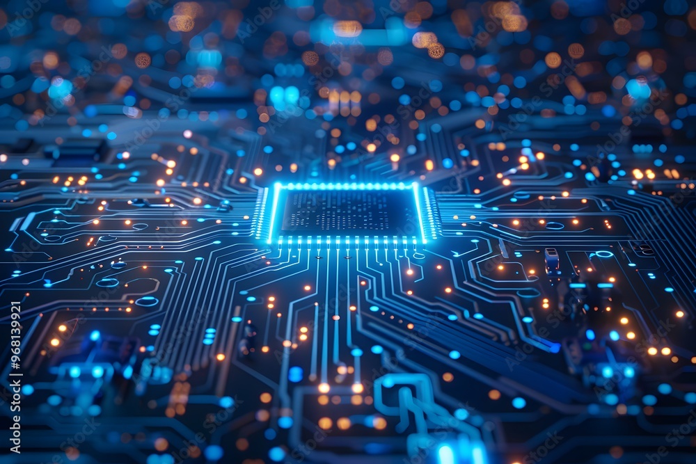 Intricate Circuit Board Design Illuminated with Blue Lights