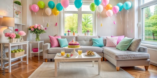 Birthday Party Decor in White Living Room with Colorful Balloons, Birthday , Party , Celebration