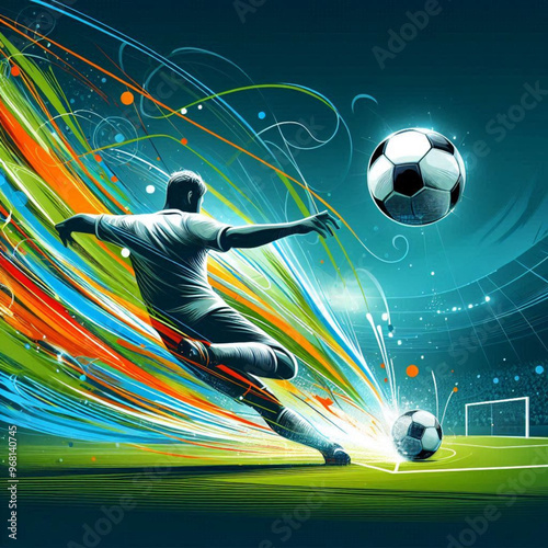 Female soccer player striking the ball with dynamic colorful energy

