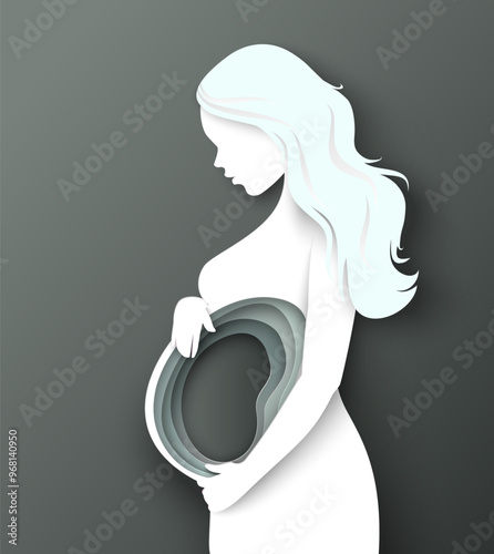 Abortion and pregnancy loss concept background with papercut sad and stressed pregnant woman silhouette and empty belly vector illustration