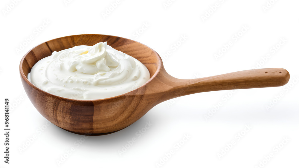Sour Cream in Wooden Bowl with Spoon – Perfect for Food Packaging, Recipe Books, and Culinary Illustrations Featuring Mayonnaise and Yogurt Sour Cream in Wooden Bowl with Spoon – Perfect for Food Packaging, Recipe Books, and Culinary Illustrations Featuring Mayonnaise and Yogurt